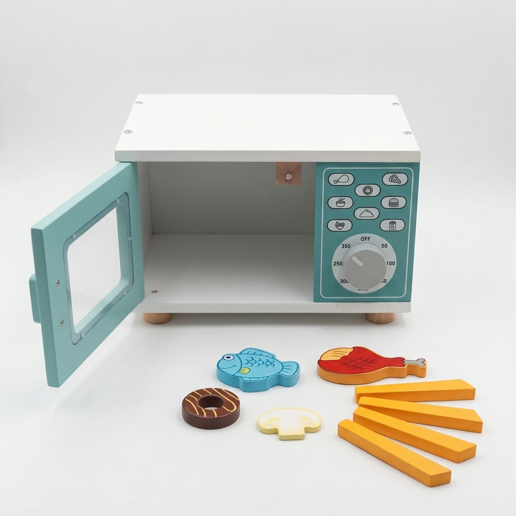 Wooden Toy Microwave Oven Playset, White and Teal, with Food Accessories, Pretend Play Kitchen Set for Kids