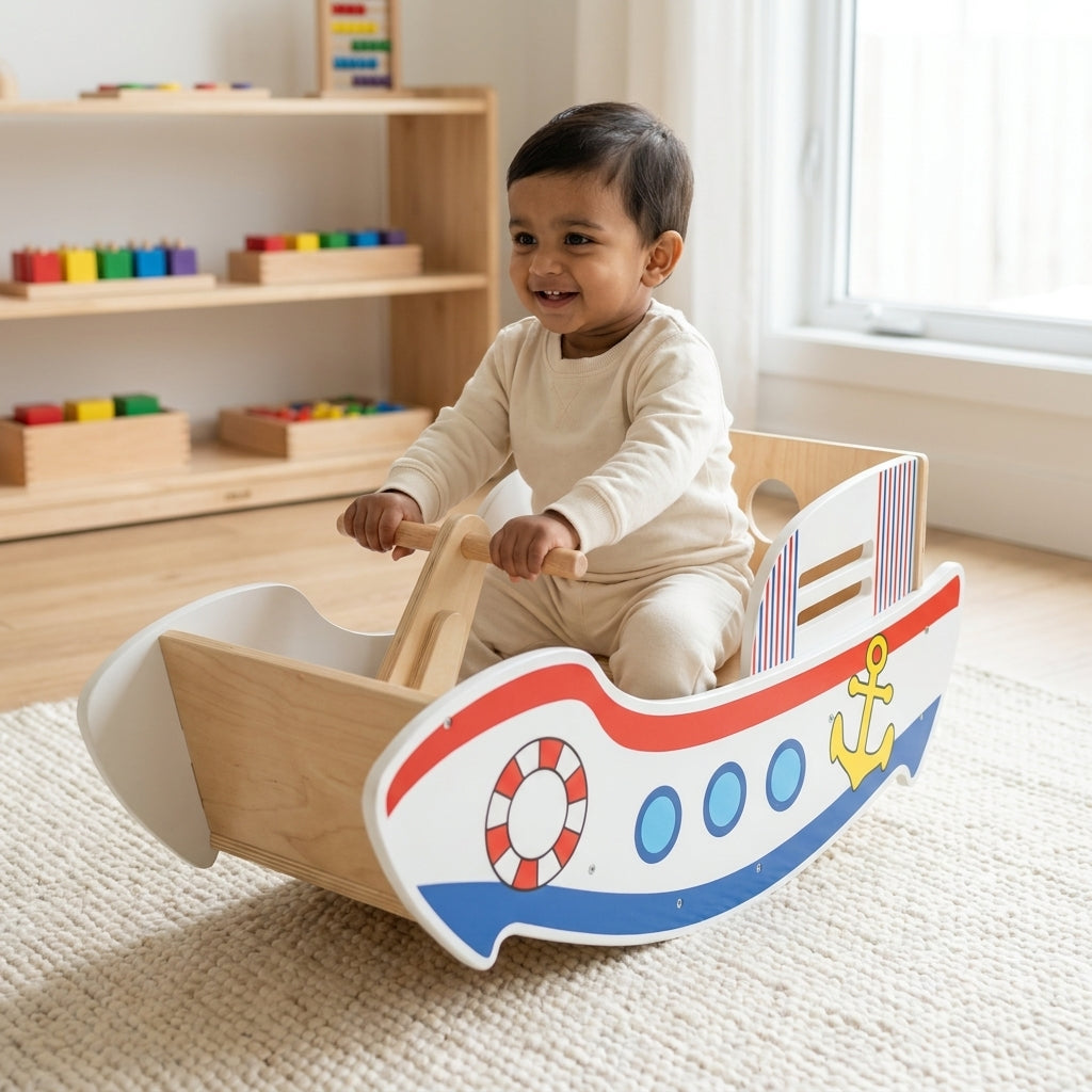 Wooden Rocking Boat Toy for Kids, Nautical Theme