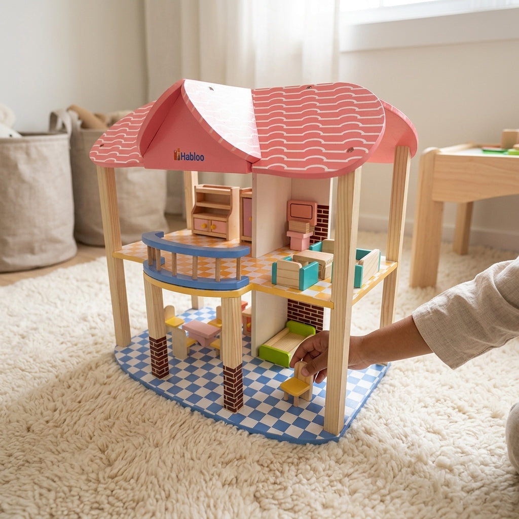 Wooden Dollhouse with Furniture